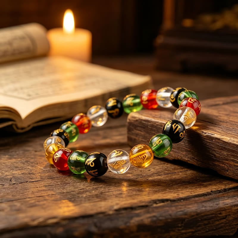 FuAttract Protection Harmony & Good Luck Om Mani Mantra Gold Foil Engraved Colorful Glaze Bracelet - image 1