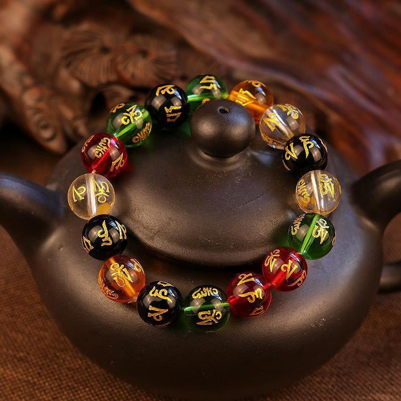 FuAttract Protection Harmony & Good Luck Om Mani Mantra Gold Foil Engraved Colorful Glaze Bracelet - image 2