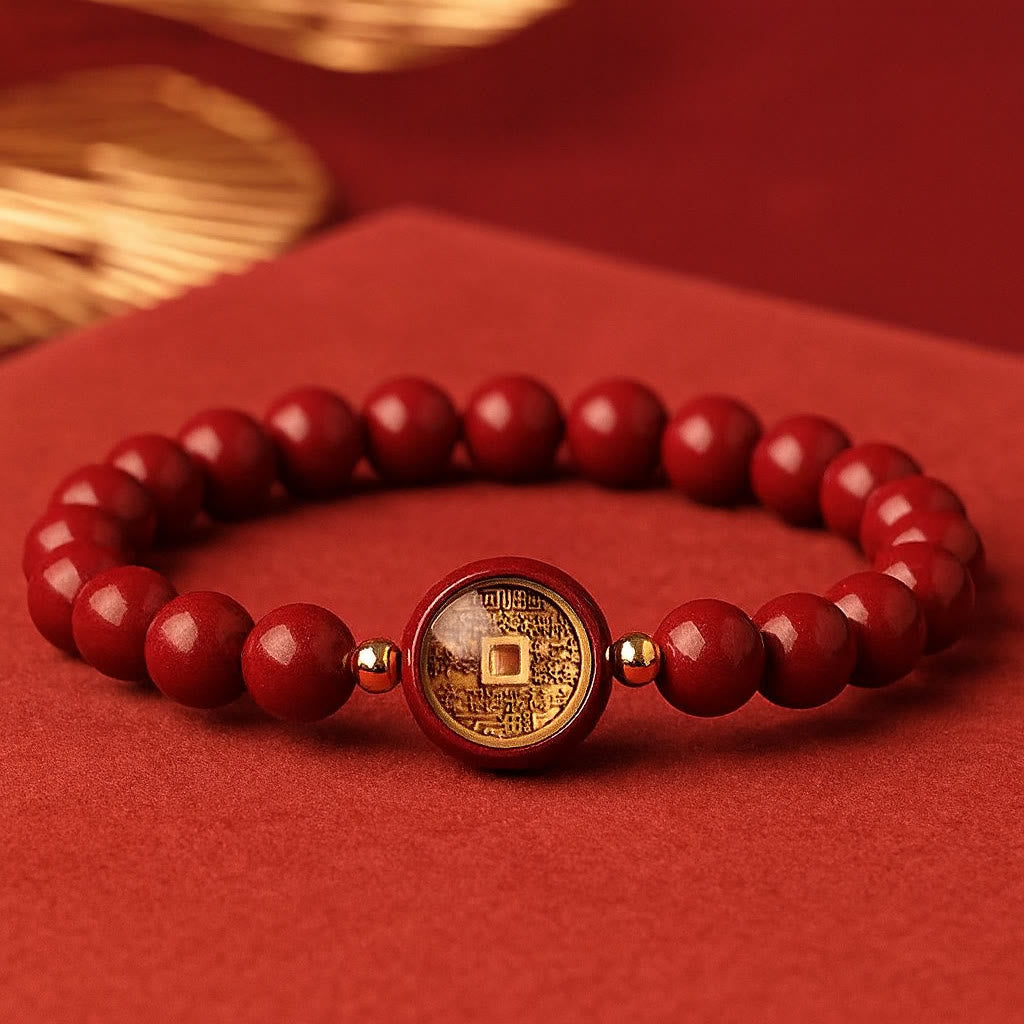 FuAttract Protection Guardian & Good Fortune Shan Gui Amulet Coin Om Mani Mantra Small Round Cinnabar  Bracelet - Shan Gui Amulet Coin - 12mm - image 0