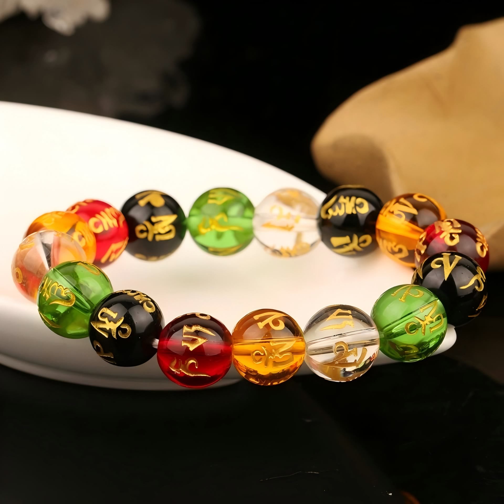FuAttract Protection Harmony & Good Luck Om Mani Mantra Gold Foil Engraved Colorful Glaze Bracelet - image 5