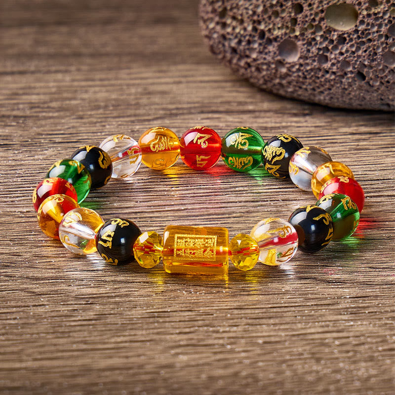 FuAttract Prosperity Luck & Success Yellow Glaze Three-Faced God of Wealth Om Mani Mantra Colorful Agate Bracelet - image 2