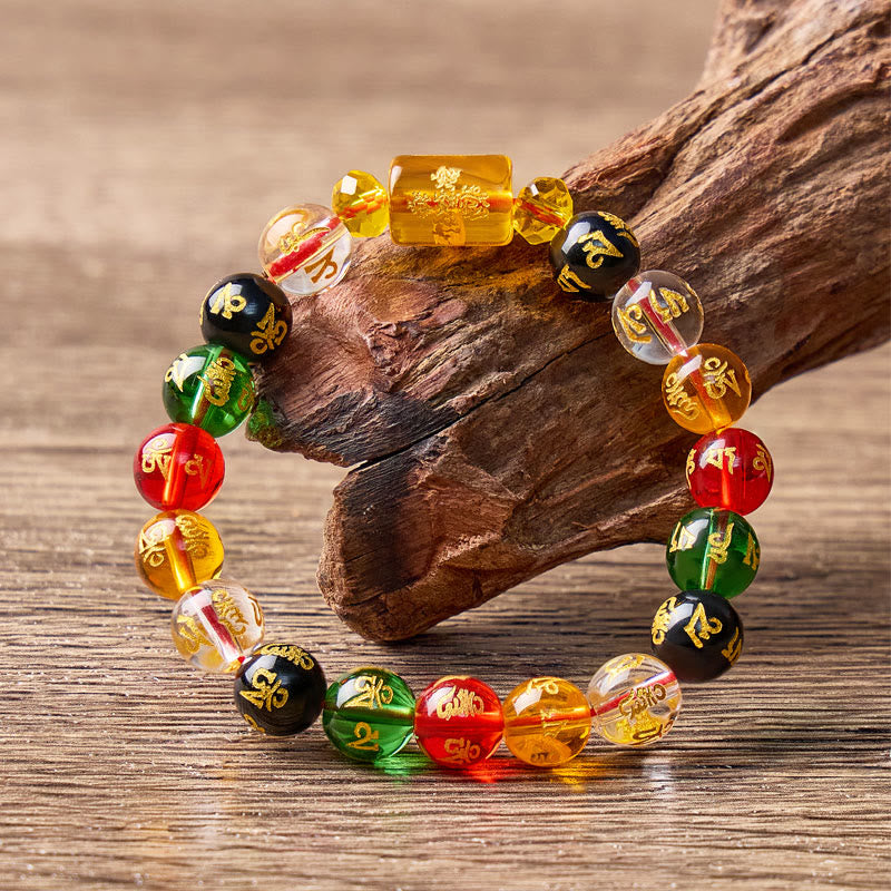 FuAttract Prosperity Luck & Success Yellow Glaze Three-Faced God of Wealth Om Mani Mantra Colorful Agate Bracelet - image 4