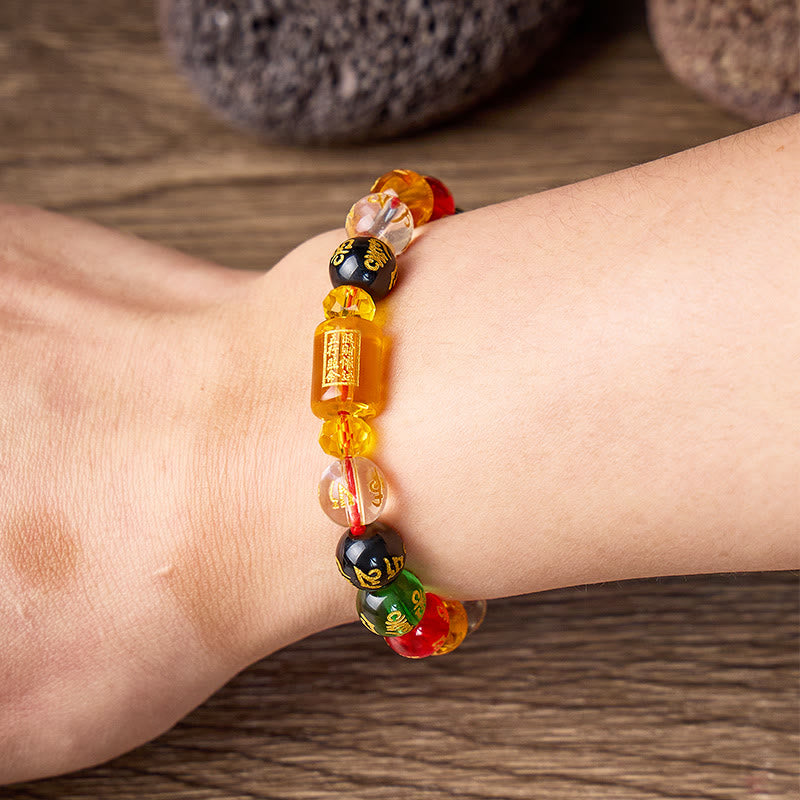 FuAttract Prosperity Luck & Success Yellow Glaze Three-Faced God of Wealth Om Mani Mantra Colorful Agate Bracelet - image 3