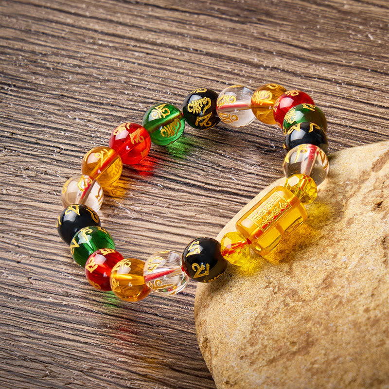 FuAttract Prosperity Luck & Success Yellow Glaze Three-Faced God of Wealth Om Mani Mantra Colorful Agate Bracelet - image 1