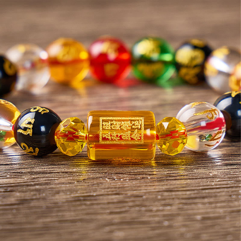 FuAttract Prosperity Luck & Success Yellow Glaze Three-Faced God of Wealth Om Mani Mantra Colorful Agate Bracelet - image 5