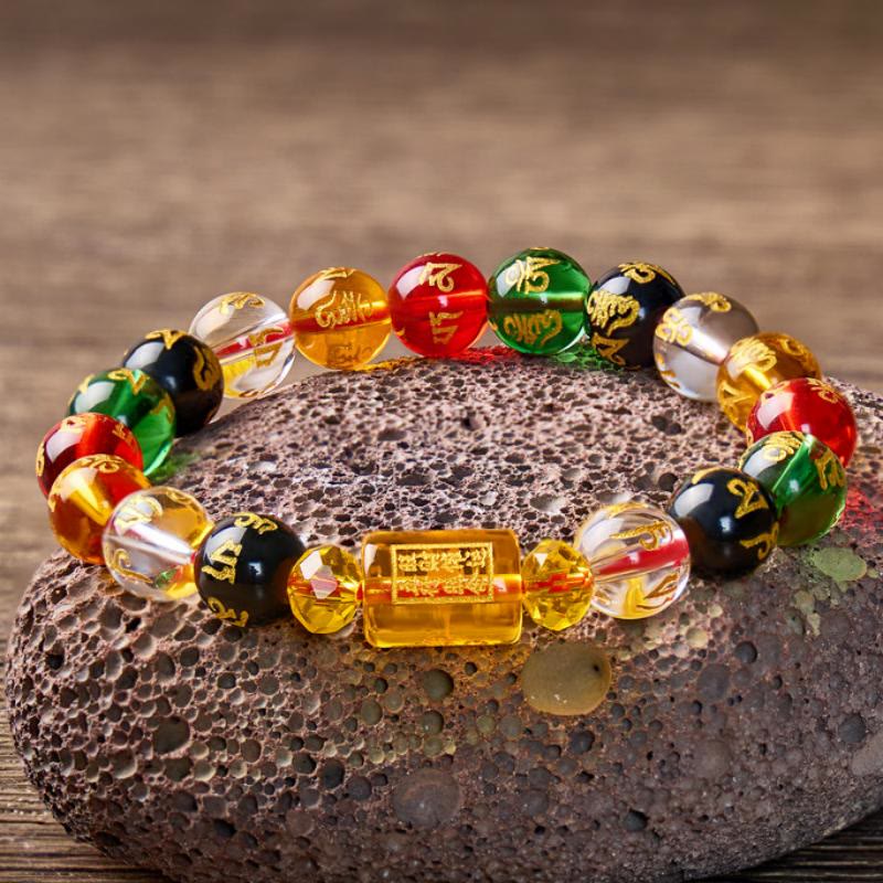 FuAttract Prosperity Luck & Success Yellow Glaze Three-Faced God of Wealth Om Mani Mantra Colorful Agate Bracelet - 12mm - image 0