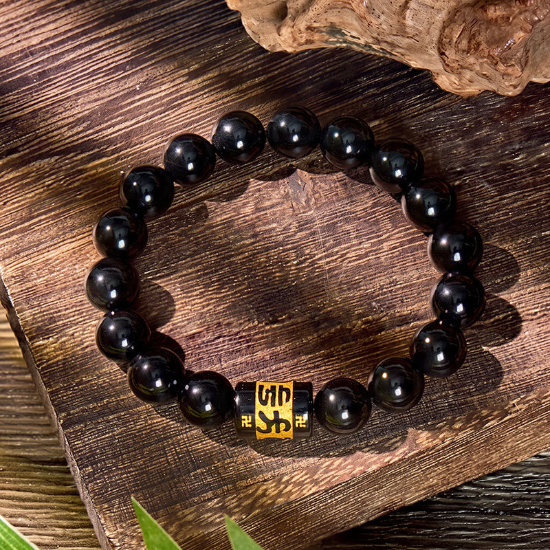 FuAttract Protection Blessing & Good Fortune Om Mani Mantra Lucky Charm Agate Bracelet - Black - 10mm - image 1