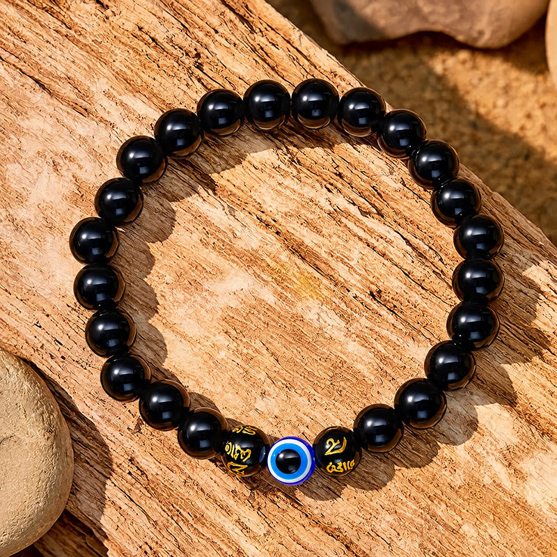 FuAttract Protection Clarity & Inner Strength Evil Eye Six Syllable Om Mani Mantra Black Onyx Bracelet - 8mm - image 0