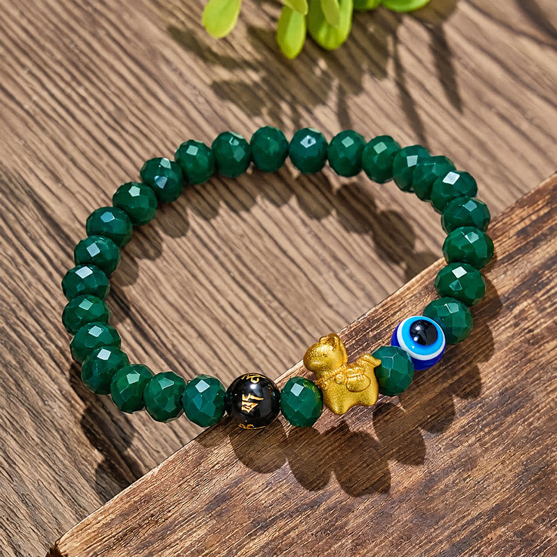 FuAttract Protection Luck & Guardian Energy Golden Horse Evil Eye Om Mani Mantra Green Glaze Faceted Bead Bracelet - image 1