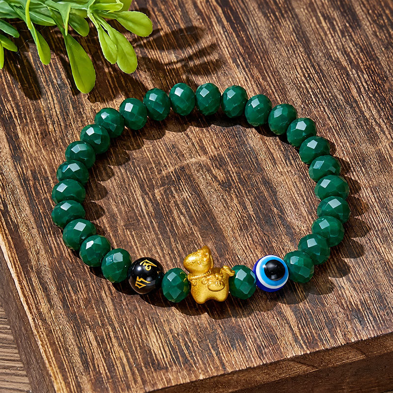 FuAttract Protection Luck & Guardian Energy Golden Horse Evil Eye Om Mani Mantra Green Glaze Faceted Bead Bracelet - 8mm - image 0