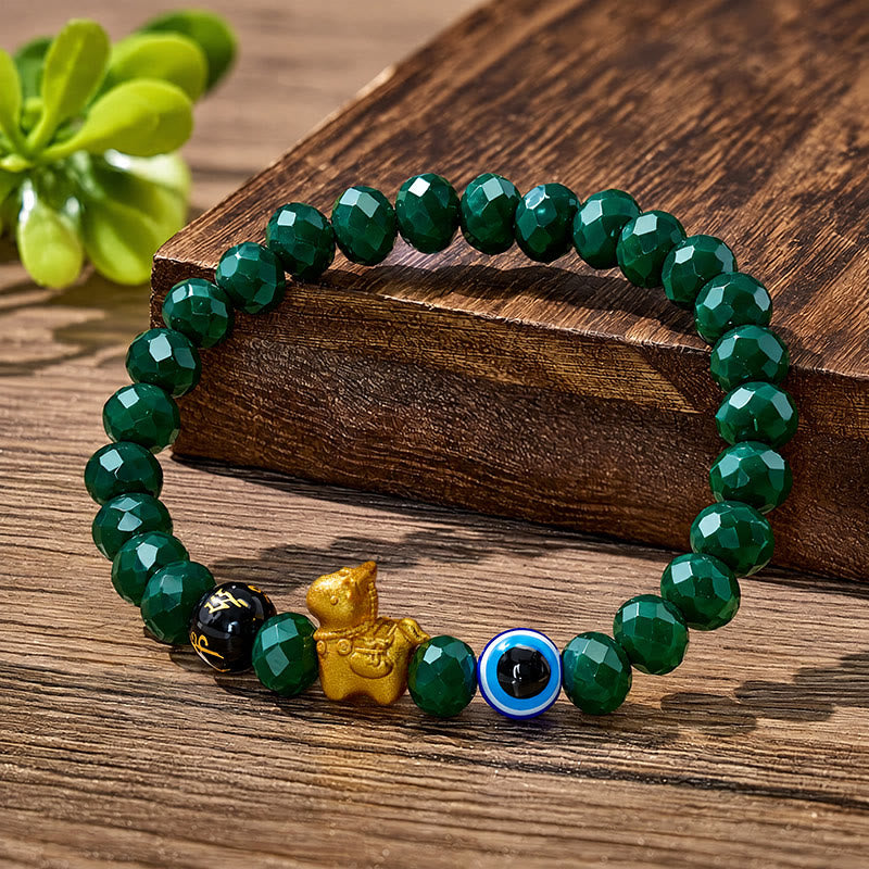 FuAttract Protection Luck & Guardian Energy Golden Horse Evil Eye Om Mani Mantra Green Glaze Faceted Bead Bracelet - image 2