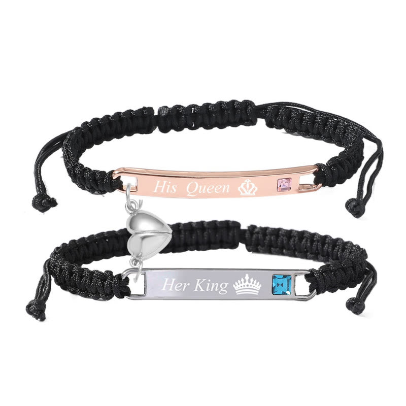 FuAttract Love Connection & Harmony Stainless Steel Engraved Plate Heart Link Braided Bracelet - Her Queen & Her King - image 8