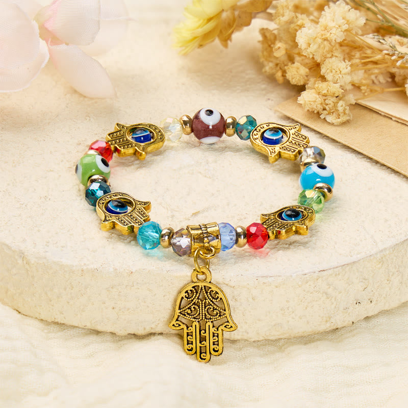 FuAttract Protection Strength & Fortune Evil Eye Hamsa Hand Colorful Glaze Beaded Bracelet - Evil Eye & Hamsa Hand - image 0