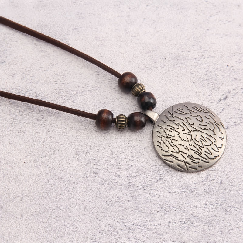 FuAttract Grounding Harmony & Confidence Vintage Round Pendant Wood Beaded Necklace - Geometric Engravings - Antique Silver + Brown Beads - image 8