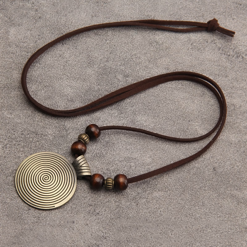 FREE Today: Grounding Harmony & Confidence Vintage Round Pendant Wood Beaded Necklace - Thread - Antique Silver + Brown Beads - image 0