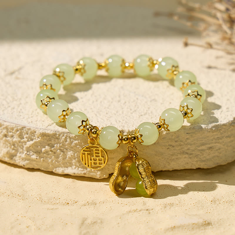 FuAttract Fortune Wealth & Harmony Fu Charm Peanut Pendant Green Glaze Beaded Gold Beads Bracelet - image 1