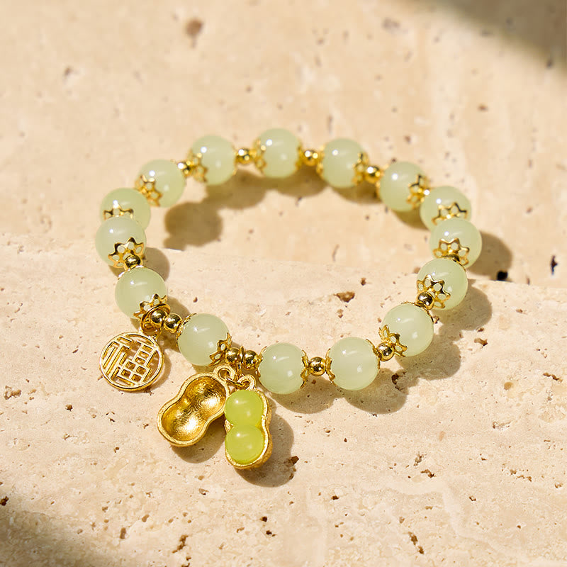 FuAttract Fortune Wealth & Harmony Fu Charm Peanut Pendant Green Glaze Beaded Gold Beads Bracelet - image 3