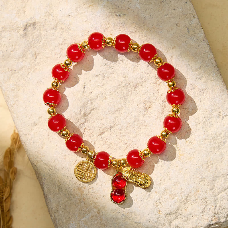 FuAttract Fortune Wealth & Harmony Fu Charm Peanut Pendant Green Glaze Beaded Gold Beads Bracelet - Red Peanut 3 - image 10