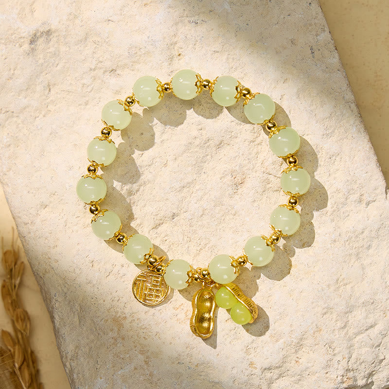 FuAttract Fortune Wealth & Harmony Fu Charm Peanut Pendant Green Glaze Beaded Gold Beads Bracelet - Green Peanut - image 0