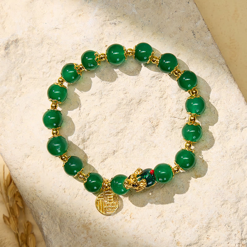 FuAttract Protection Prosperity & Longevity Dragon Turtle Charm Fu Pendant Glaze Beaded Bracelet - Green - image 0