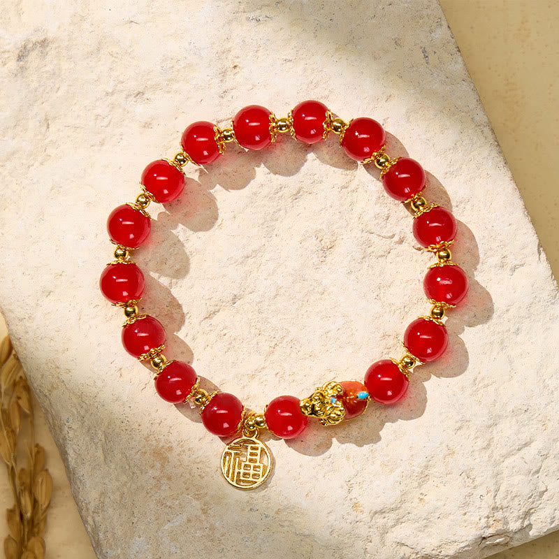 FuAttract Protection Prosperity & Longevity Dragon Turtle Charm Fu Pendant Glaze Beaded Bracelet - Red - image 5