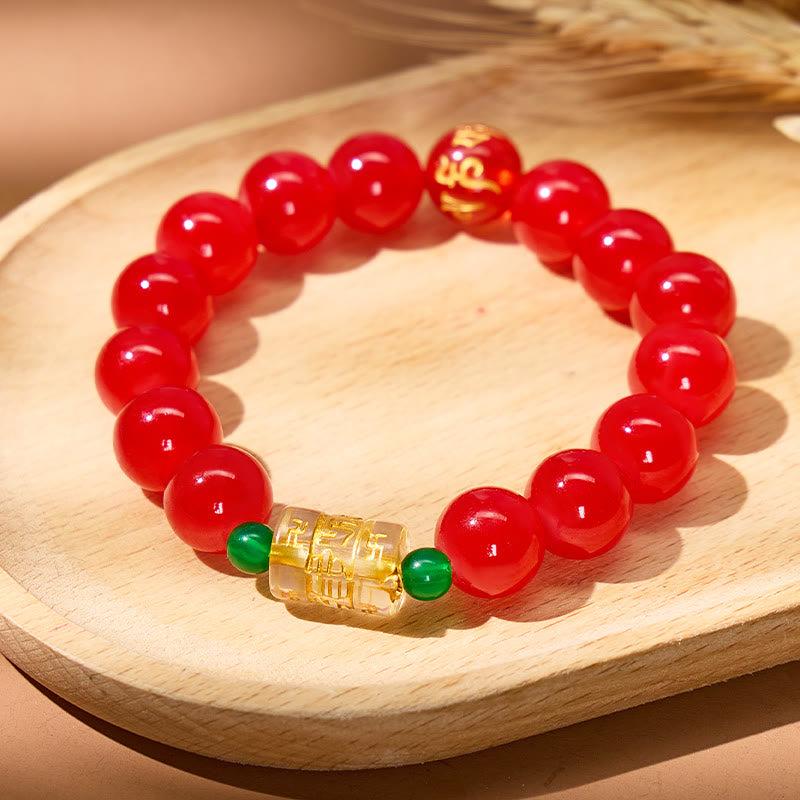 FuAttract Wisdom Serenity & Guidance Golden Barrel Charm Om Mani Mantra Bead Glaze Bracelet - Red - image 0