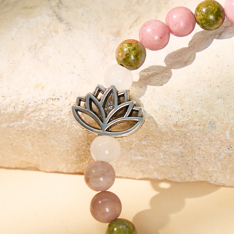 FuAtrract Peace Calm & Purity Unakite Rose Quartz Rhodonite Lotus Bracelet - image 4