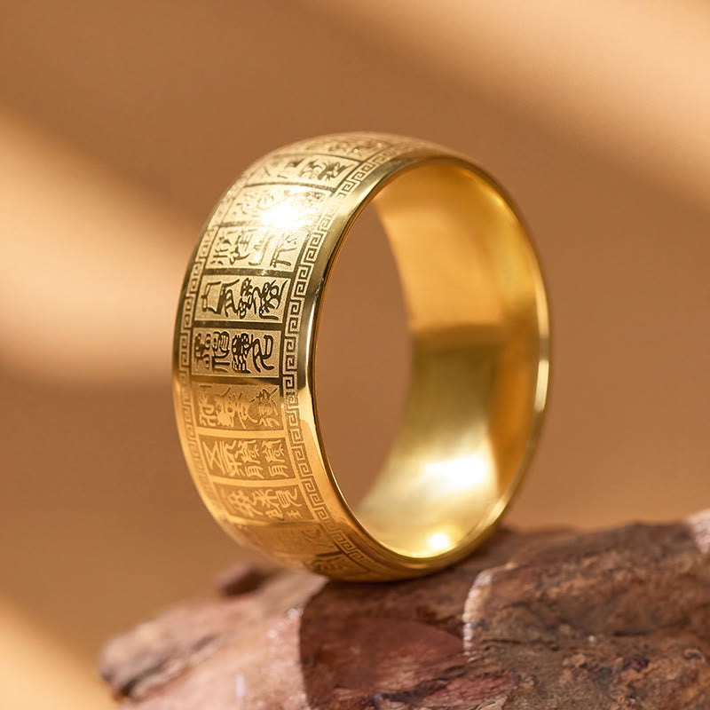 FuAttract Fortune Blessing Luck Titanium Steel Seal Om Mani Mantra Retro Script Ring - image 1