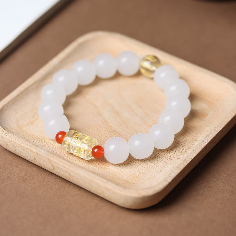 FuAttract Wisdom Serenity & Guidance Golden Barrel Charm Om Mani Mantra Bead Glaze Bracelet - White - image 6