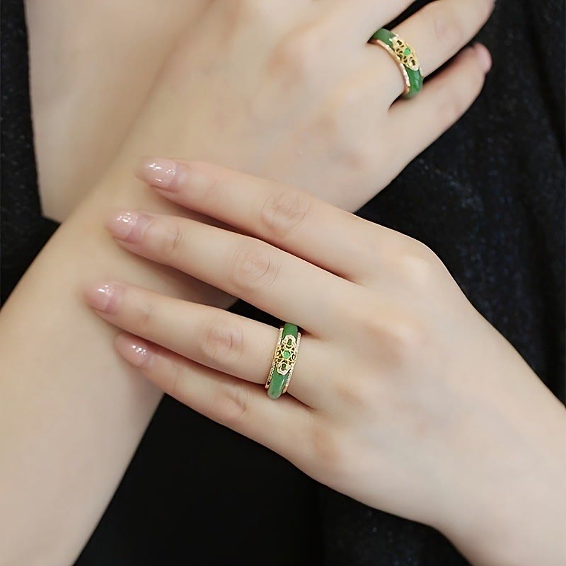 FuAttract Blessings Harmony & Elegant Energy Ruyi Filigree Green Chalcedony Dual Band Ring - image 7