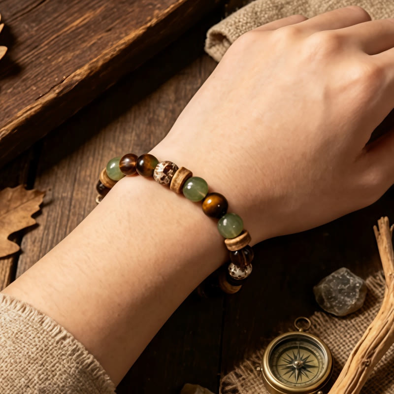 FuAttract Strength Growth & Natural Harmony Tiger's Eye Green Agate Wooden Spacer Bracelet - image 5