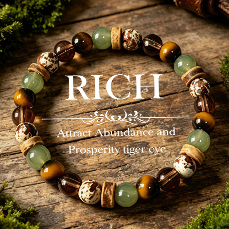 FuAttract Strength Growth & Natural Harmony Tiger's Eye Green Agate Wooden Spacer Bracelet - 7.1-7.5in/18-19cm - image 0