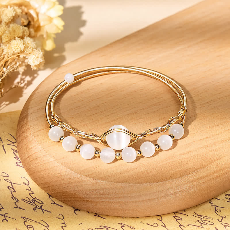 FuAttract Wealth Good Fortune & Protection Cat's Eye Goldstone Crystal Agate Double Layer Bracelet - White Cat's Eye - image 0