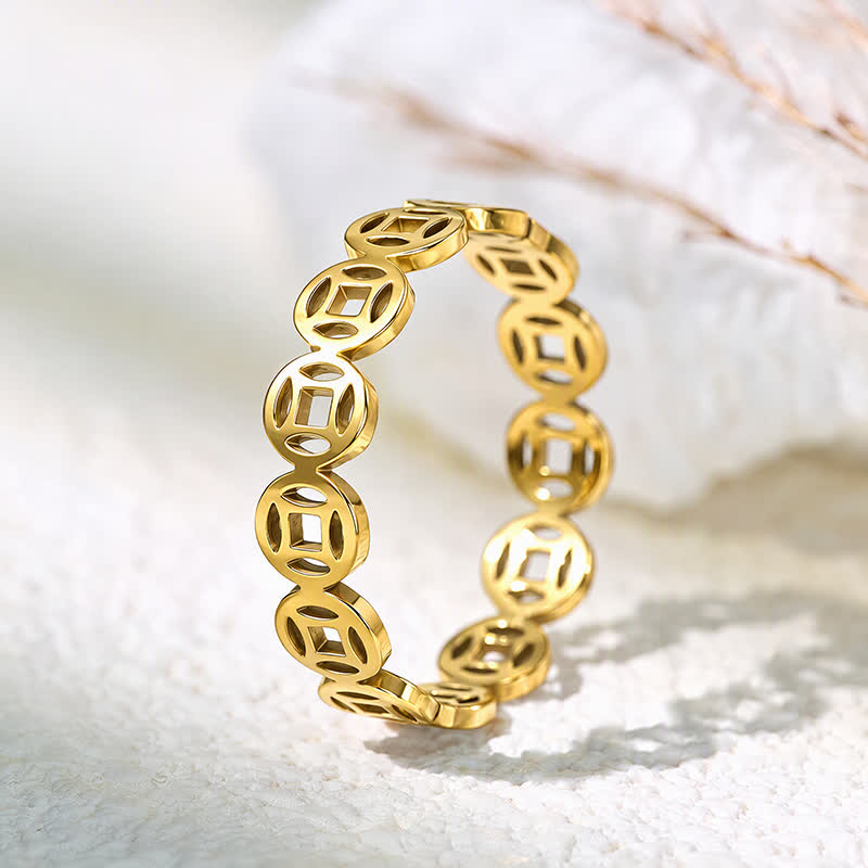 FuAttract Wealth Protection & Auspicious Energy Titanium Steel Five Emperor Coins Money Ring - Golden - US 11 - image 1