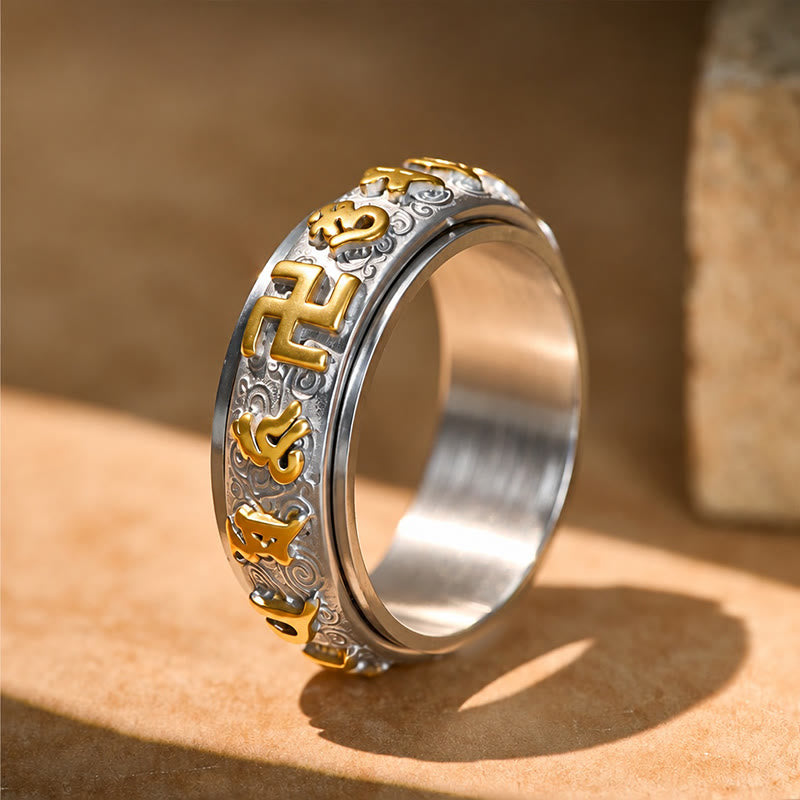 FuAtrract Protection & Inner Strength Om Mani Mantra Titanium Steel Spinner Ring  - Silver & Gold - US 12 - image 1