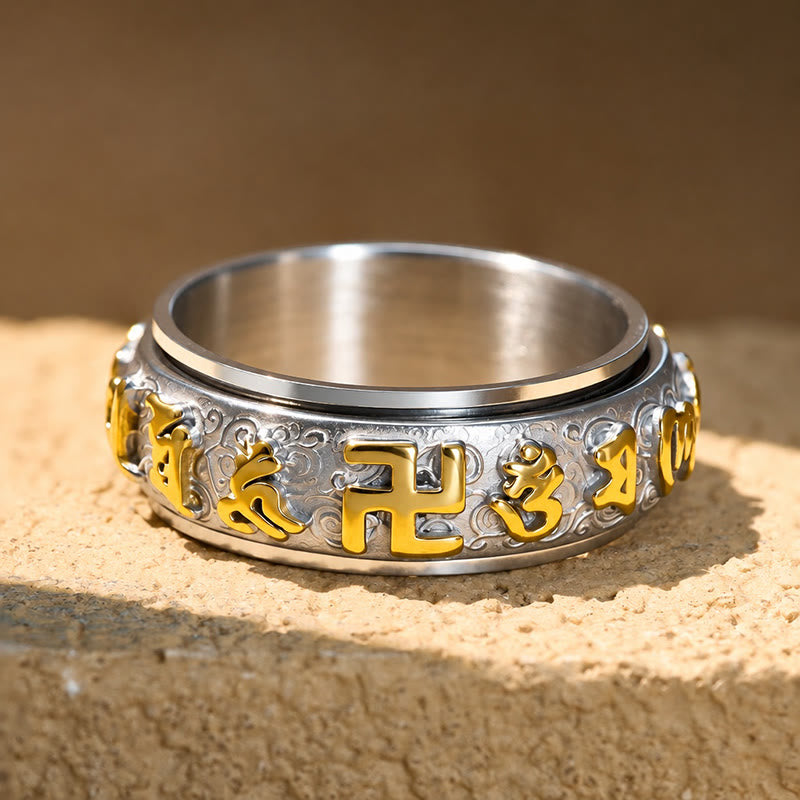 FuAtrract Protection & Inner Strength Om Mani Mantra Titanium Steel Spinner Ring  - image 4